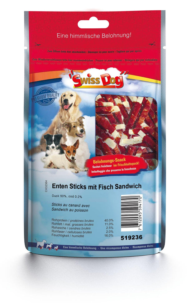 SwissDog duck sticks with fish sandwich